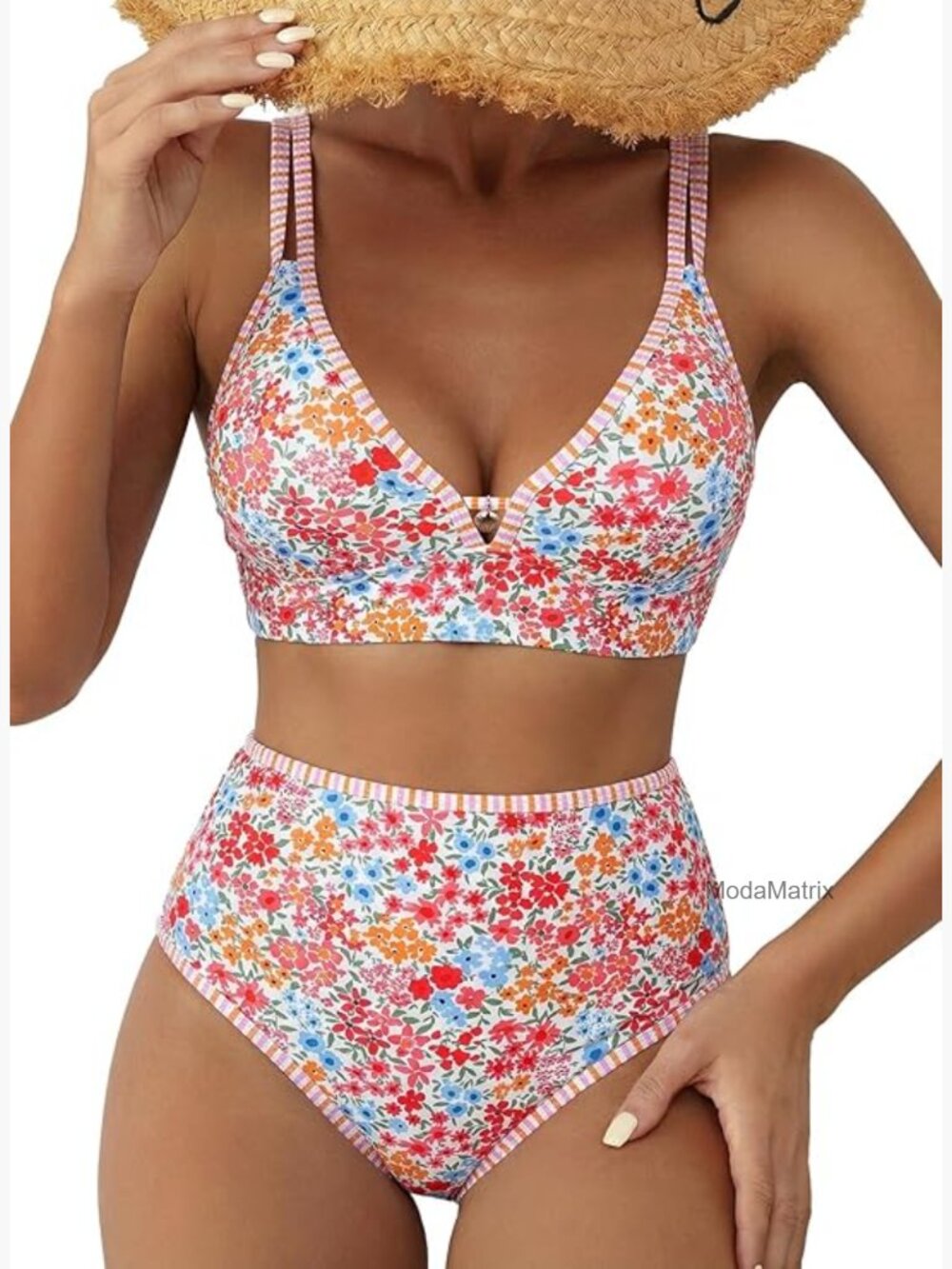 Floral Print Bikini Set High Waisted V Neck Swimwear Medium Size